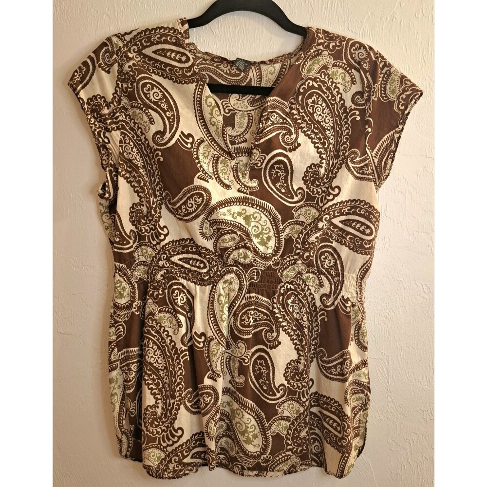 Lucky Brand Paisley Brown Cream Green 100% Cotton Cap Sleeve Split Neck Blouse L